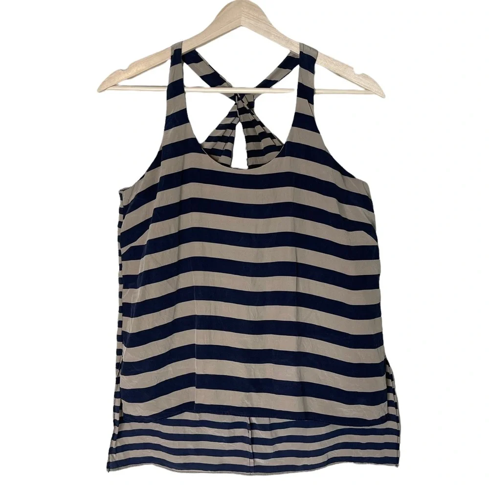 BCBG MAXAZRIA Edita Pure Silk Striped Navy and Tan Twisted Racer Back Tank Top